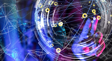 Global network. Blockchain. 3D illustration. Neural networks and artificial intelligence. Abstract