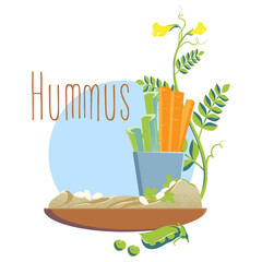 Hummus with carrot and celery slabs on a plate among chickpea leaves. Flat design. Vector illustration