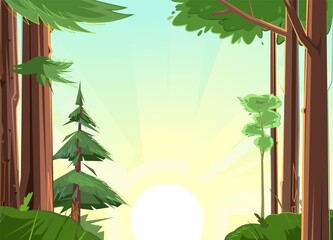 Frame trees with sunrise. Barrels and branches of plants. Coniferous pines. Beautiful pine forest. Wild floral landscape. Illustration in cartoon style flat design. Vector