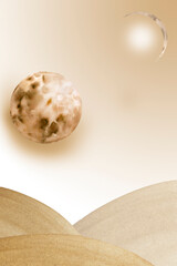 Abstract space watercolor painting. Planet with sand dunes in coral and beige tones. Moon in the sky. Wall boho art. Fantastic background. Mystical extraterrestrial journey. Feeling of calmness