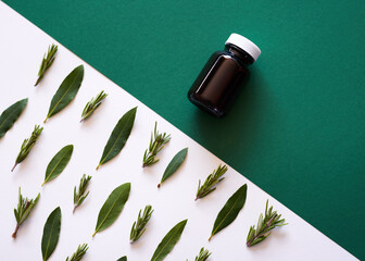Herbal versus chemical medicine - alternative remedies flat lay comparison