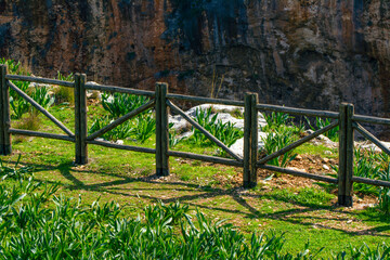 Fence of wooden posts and  diagonally in the foreground 
