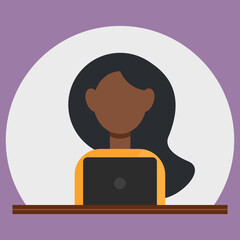Young woman sitting, studying and working on computer. Vector illustration in flat style