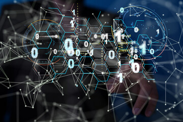 Neural network 3D illustration. Big data and cybersecurity