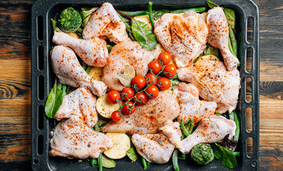 Prepared for frying, butchered various portions of raw chicken meat. Set of raw chicken fillet, thigh, wings, strips and legs on the background of the culinary table with spices and cherry tomatoes