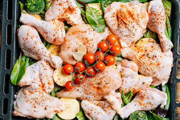 Prepared for frying, butchered various portions of raw chicken meat. Set of raw chicken fillet, thigh, wings, strips and legs on the background of the culinary table with spices and cherry tomatoes