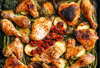 A baking sheet with various portions of fried chicken meat. A set of fried chicken fillet, thigh, wings, strips and legs on the background of the culinary table with spices and cherry tomatoes