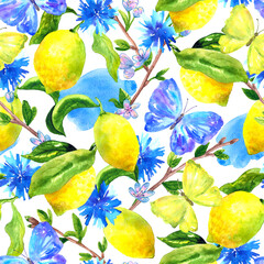Botanical seamless pattern. Background with beautiful watercolor lemons butterfly and branches. Natural hand drawn illustration. Texture for print, textile, cards, cosmetics, packing and tea.