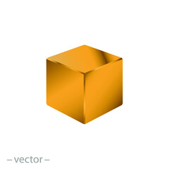 gold metal cube icon, 3d golden box, isolated vector illustration on white background