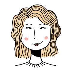 Hand-drawn funny character, doodle people face, young woman face, vector illustration