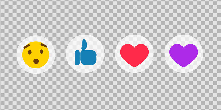 Like, thumb up and frawn face icons. Emoticons for social media reactions. Vector illustration isolated in transparent background