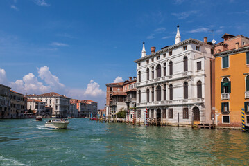 View of the Grand Canal and Palazzo Giustinian Lolin on its banks. Venice, Italy