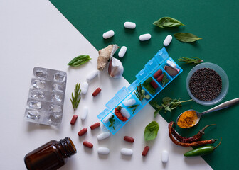 Herbal versus chemical medicine - alternative remedies flat lay comparison