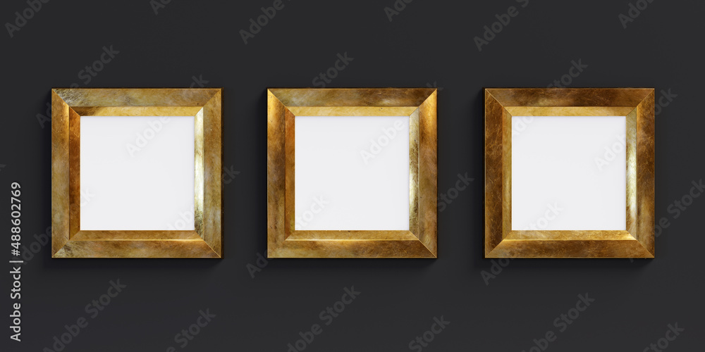 Poster three golden rectangle frames isolated on black background. 3d render. 3d illustration.
