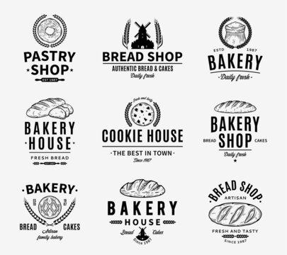 Vector bakery and bread logo, icons and label design templates