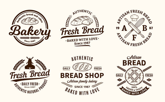 Set of vector bakery and bread vintage logo, badges and icons