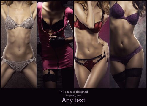 Set of photos with beautiful and sexy women in lingerie. Erotic underwear collection collage.