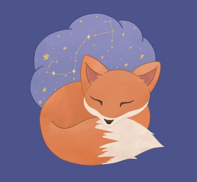 Zodiac for children with cute animals. Fox sleeping and dreaming with a star map. The constellation of Scorpion. Cartoon illustration in pastel colors. Nursery poster. 