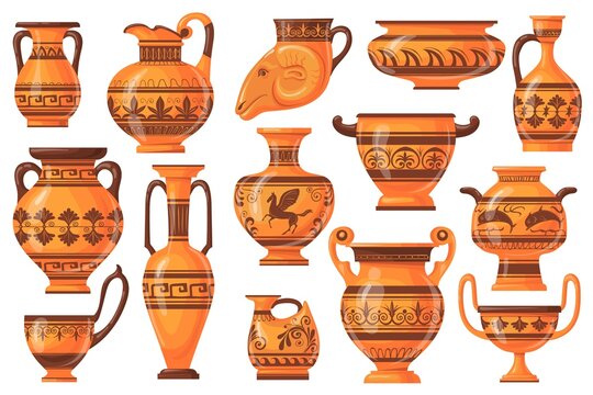 Cartoon greek pots. Ancient pottery ceramic vases, old antique pot jug jars vase, isolated collection craft earthenware of greece, clay ornament oil bowl, neat vector illustration