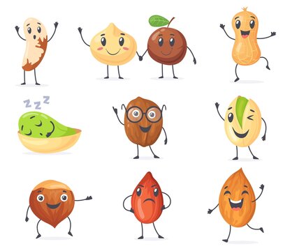 Cute protein nuts. Happy nut cartoon character bean, funny peanut seed, mascot almond vegan food caractere, pistachio emoji coconut face healthy nutrition, neat vector illustration