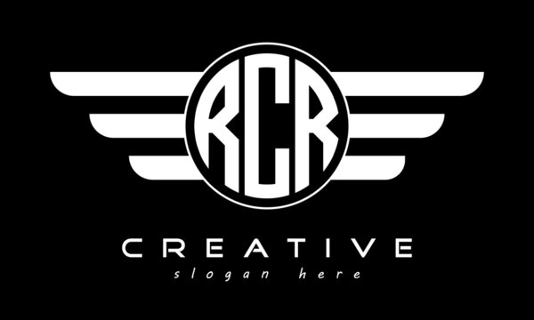 RCR three letter monogram type circle letter logo with wings vector template.