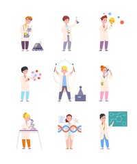 Scientist kids. Scientists children, child experiment in chemistry laboratory, kid science, young inventor or chemist, learning school lab, set cartoon splendid vector illustration