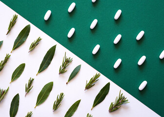 Herbal versus chemical medicine - alternative remedies flat lay comparison