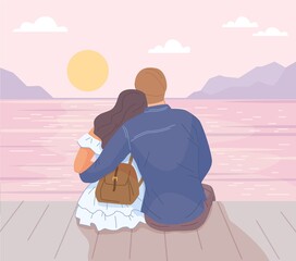 Couple hugging at sunset. Romantic date by ocean, family cuddle, love of tourists travel, pink sun on horizon sky, man hug woman back view