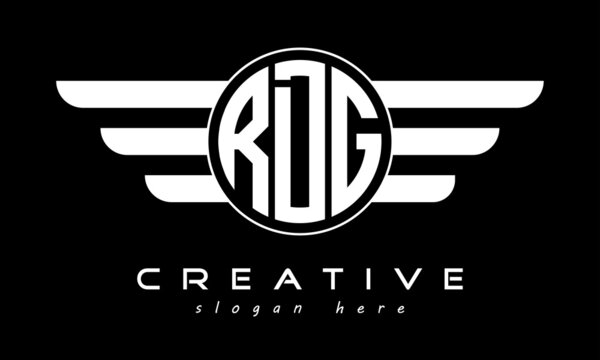 RDG three letter monogram type circle letter logo with wings vector template.