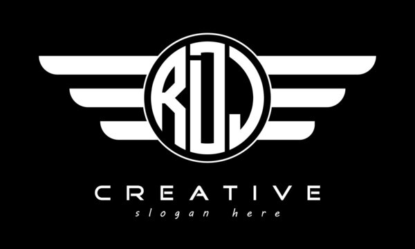 RDJ three letter monogram type circle letter logo with wings vector template.