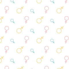 Vector seamless pattern with blue, yellow and pink venus symbols on white background for women's day.