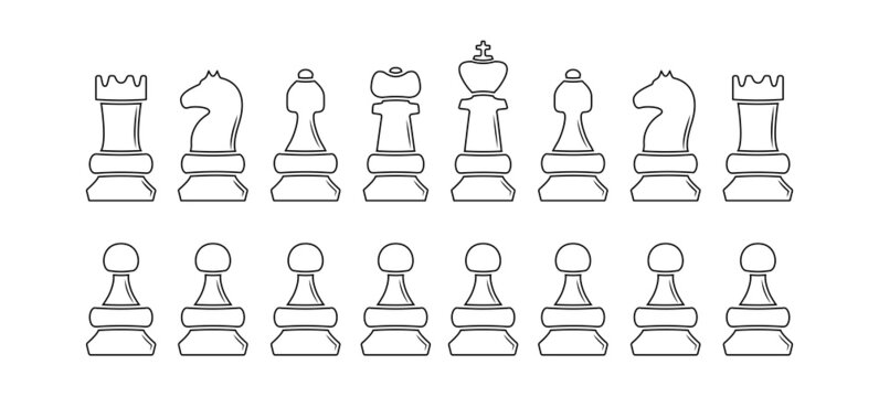 Chess figures outline icon vector set on white background. Strategy concept check game figures. Business competition, strategy, logical thinking illustration icon set.
