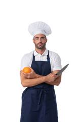 Cook man with knife on white