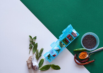 Herbal versus chemical medicine - alternative remedies flat lay comparison
