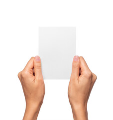Hand holding white cards on white background