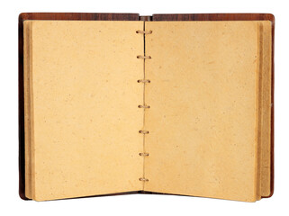 Fototapeta premium Old book open, blank yellow pages, white background isolated.