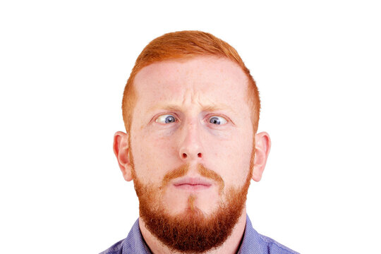 Red-haired man with funny comical beard crosses his eyes, grimaces, isolated on white background. High quality photo