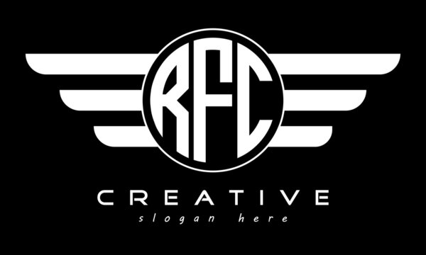 RFC three letter monogram type circle letter logo with wings vector template.