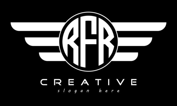RFR three letter monogram type circle letter logo with wings vector template.