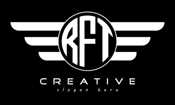 RFT three letter monogram type circle letter logo with wings vector template.