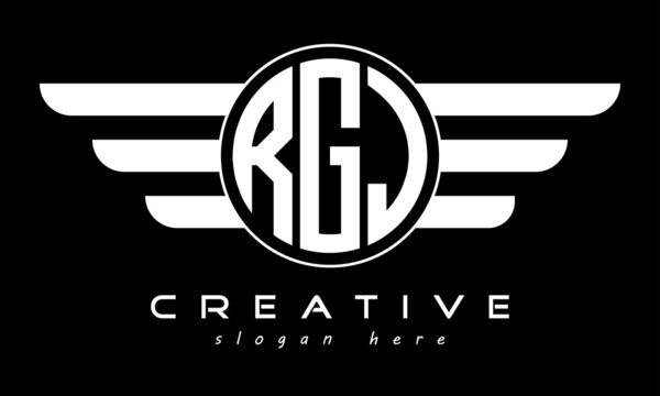 RGJ three letter monogram type circle letter logo with wings vector template.