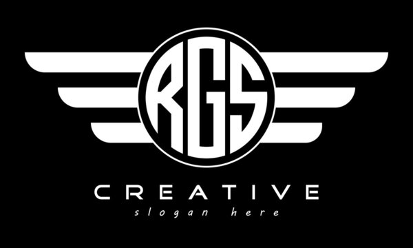 RGS three letter monogram type circle letter logo with wings vector template.