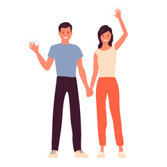 Young man and woman are standing on a white background. Happy couple holding hands. Greet with a hand gesture. Flat vector illustration isolated on white background