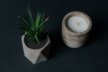 green artificial plant and aromatic candle in concrete pots. High quality photo