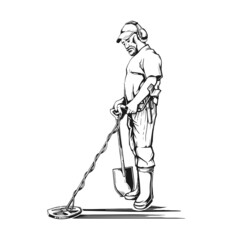 Archaeologist with metal detector sketch vector illustration. Field survey. Search for treasure. Black on white background