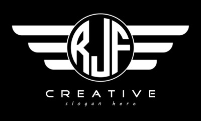 RJF three letter monogram type circle letter logo with wings vector template.