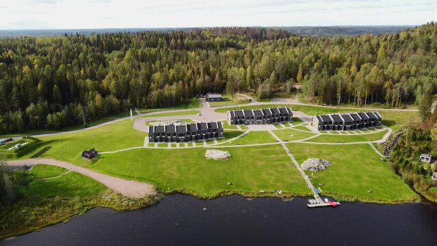 Beautiful nature of Karelia republic. Aerial view from drone to the lake. Tochka na karte hotel. Russian geographic. Amazing panoramic view to the forest. Sight and karelian showplace and vacation. 