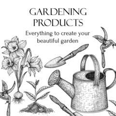 Vector illustration with graphic linear gardening items. A seedling of a narcissus flower, a sprout from a handful of ground, a watering can, a pruner, a garden shovel - obrazy, fototapety, plakaty