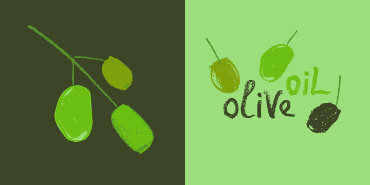 Vector green olive icon isolated. Olives branch drawing for Spanish Extra Virgin Olive Oil. Greek restaurant logo. Rustic food label, rustic product sign. Vegan handmade soap. Vegetarian cosmetics.