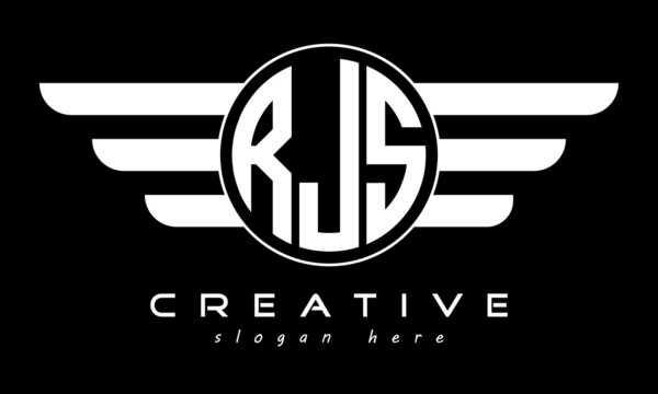RJS three letter monogram type circle letter logo with wings vector template.